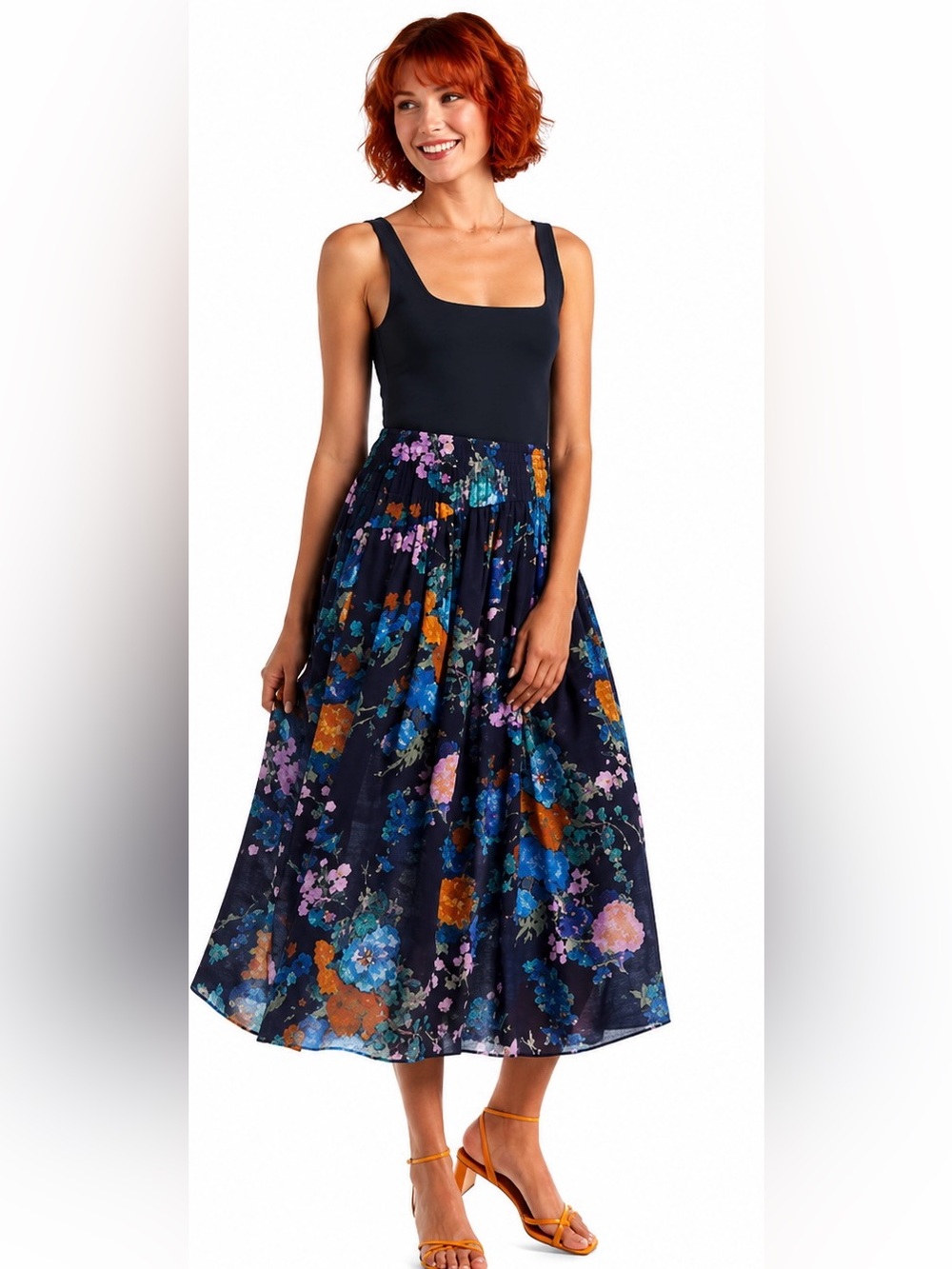 NWT Vince Floral Midi Skirt Navy Blue Watercolor Print Pull-On‎ Size S/P